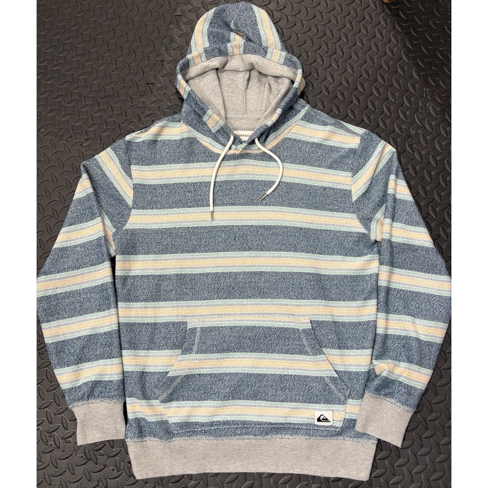Vintage Y2K Quicksilver Mens M Great Otway Hoodie Striped Cotton Terry Blue Gray